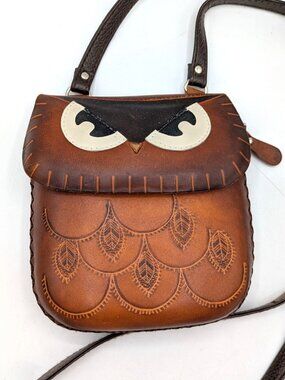 Vtg Owl Crossbody Bag Purse Tooled Leather Hand Crafted Hard Case Adjustable